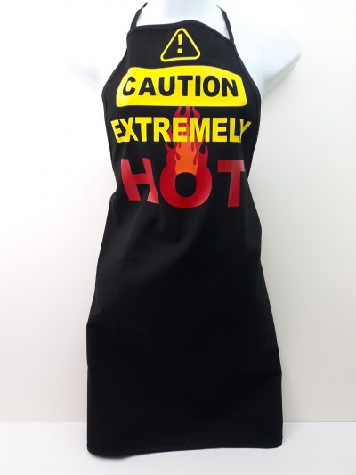Adults Black Canvas Apron with Design Caution Extremely Hot