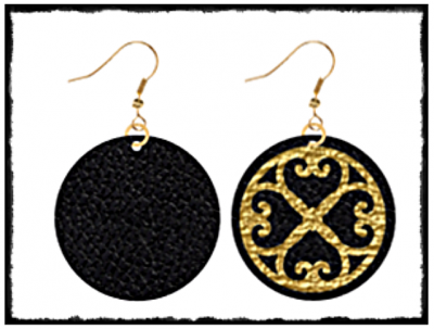 Black Genuine leather 18K Gold Platted Earrings with gold foil "Hearts" - Image 2