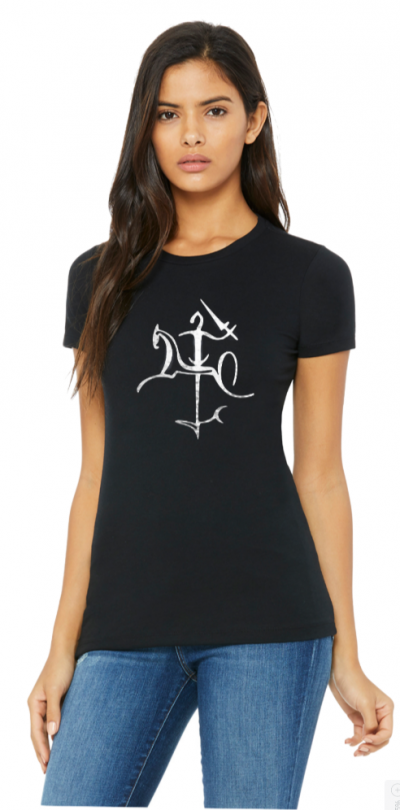 Ladies Adult Black T-Shirt SILVER Metallic Shine Stylized Vytis