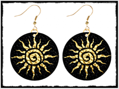 Black Genuine leather 18K Gold Platted Earrings with gold foil "Sun" - Image 2