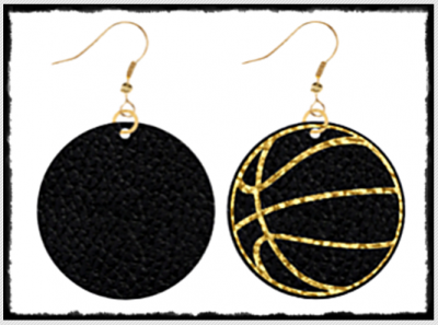 Black Genuine leather 18K Gold Platted Earrings with gold foil "Basketball" - Image 2