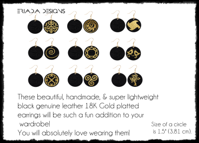 Black Genuine leather 18K Gold Platted Earrings with gold foil "Birds" - Image 3