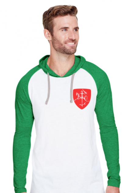 Men and ladies (unisex) Green and white Raglan Hoodie with stylized Vytis symbol