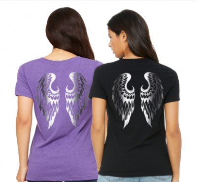 Purple and Black T-shirt with Silver Angel Wings for Girls and Ladies