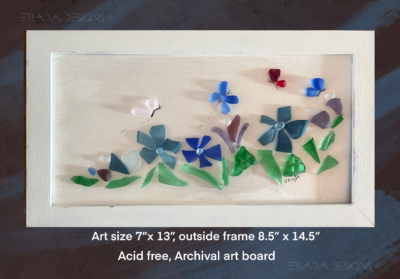 Handmade, Sea tumbled glass art 7” x 13” framed in a white distressed frame