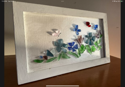 Handmade, Sea tumbled glass art 7” x 13” framed in a white distressed frame - Image 3