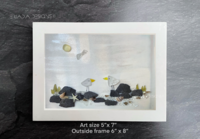 Handmade, Sea Glass Seagulls picture framed 5”x7”