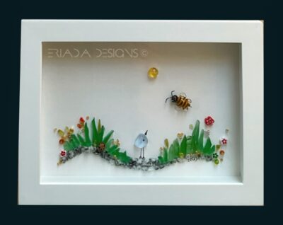 New 5”x 7” Modern Glass Art Cute Bird in flower field