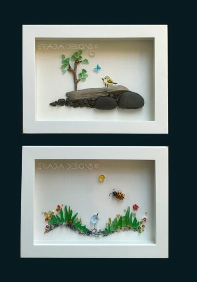 Free shipping on Duo 5”x7” pictures Handmade Real glass and pebbles, 3D cute birds glass art
